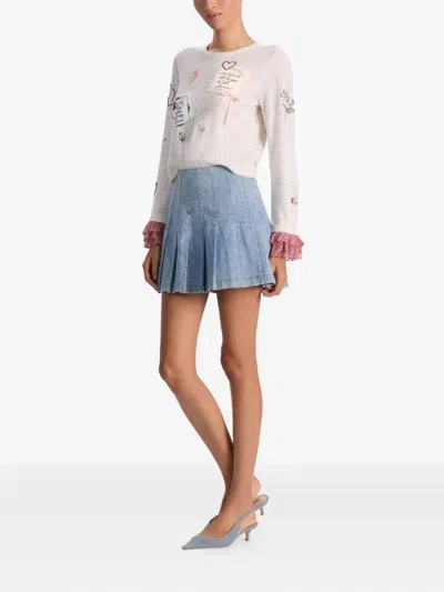 Alice And Olivia Carolann Script Embroidered Ruffle-cuff Sweater In Neutral