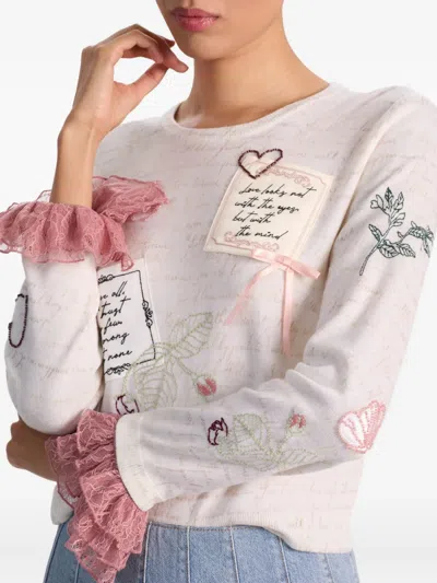 Alice And Olivia Carolann Script Embroidered Ruffle-cuff Sweater In Neutral