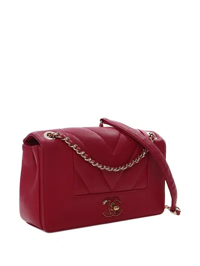 Pre-owned Chanel 2017-2018 Mini Quilted Chevron Sheepskin Mademoiselle Vintage Flap Crossbody Bag In Red