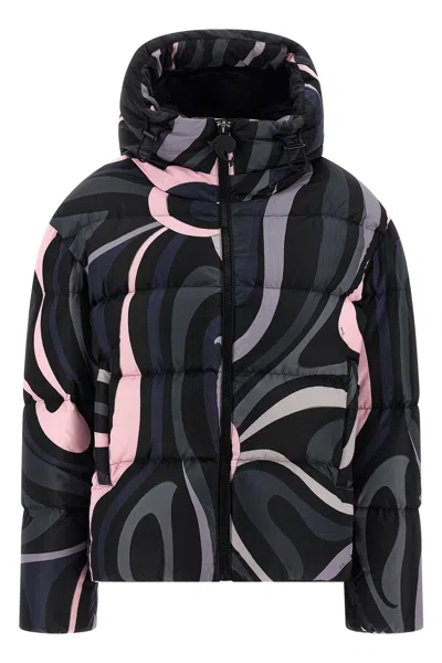 Pucci Hooded Padded Nylon Jacket With Elastic Cuffs In Multi