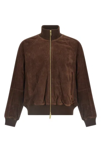 Baracuta Suede Track Jacket With Ribbed Collar And Cuffs In Blue