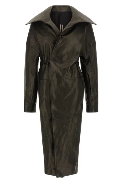 Rick Owens Dracucollar Belted Leather Coat In Gray