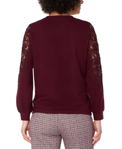 Liverpool Los Angeles Lace Trim Crewneck Sweater In Burgundy