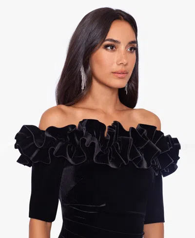 Xscape Ruffle Off The Shoulder Crepe Column Gown In Multi