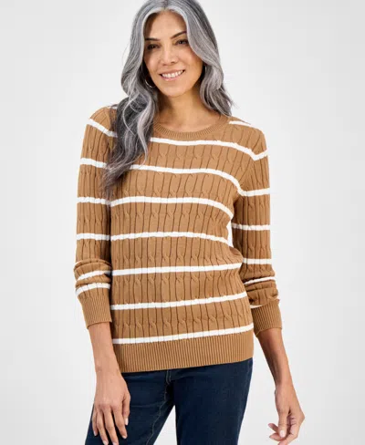 Style & Co Women's Cotton Cable-knit Crewneck Sweater, Created For Macy's In Brown