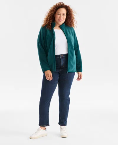 Style & Co Plus Size Solid Polar Fleece Zip-front Jacket, Exclusively At Macy's In Green