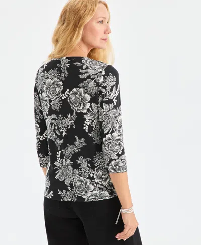Style & Co Women's Printed 3/4 Sleeve Henley, Macy's Exclusive In Black