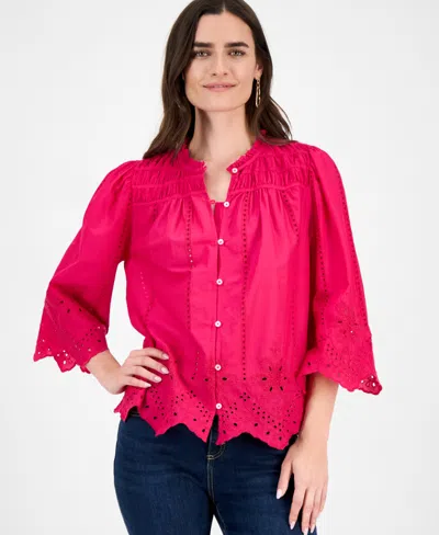 Style & Co Women's Cotton Ruched 3/4-sleeve Eyelet Top, Macy's Exclusive In Pink