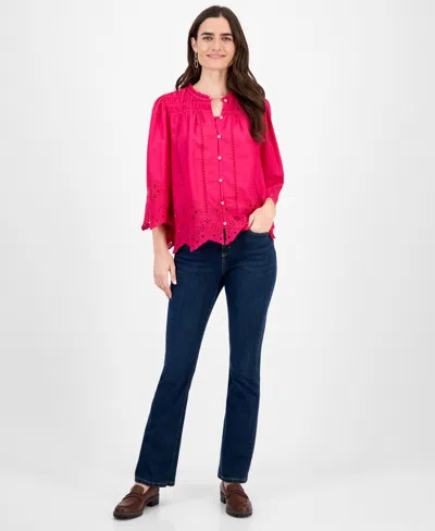 Style & Co Women's Cotton Ruched 3/4-sleeve Eyelet Top, Macy's Exclusive In Pink