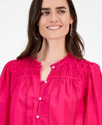 Style & Co Women's Cotton Ruched 3/4-sleeve Eyelet Top, Macy's Exclusive In Pink