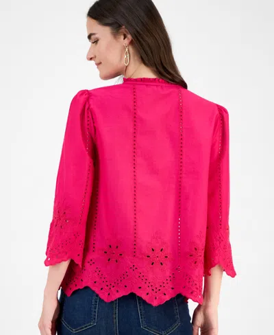 Style & Co Women's Cotton Ruched 3/4-sleeve Eyelet Top, Macy's Exclusive In Pink