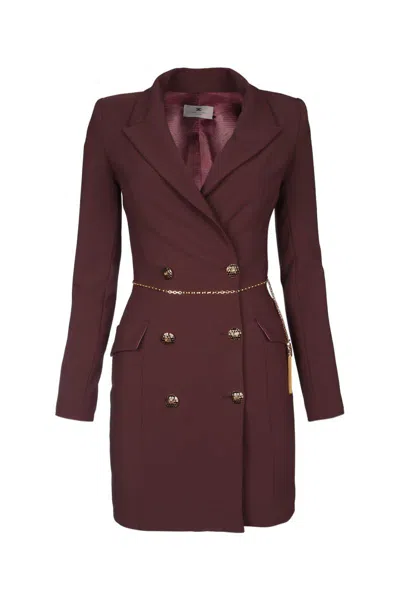 Elisabetta Franchi Midi Dress With Long Sleeves And Chain In Burgundy