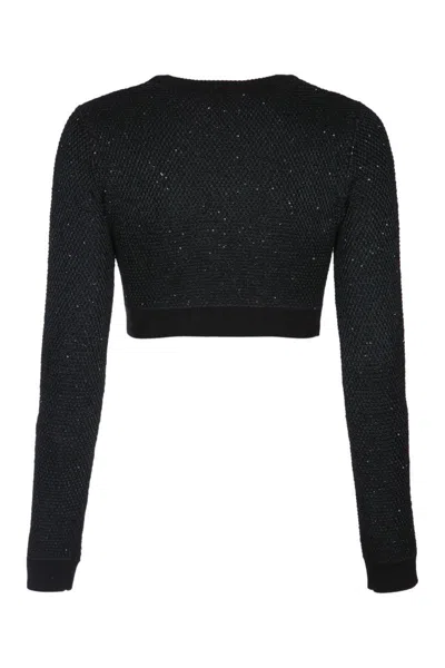 Elisabetta Franchi Textured Knit Cropped Sweater With Jewel-button Pockets In Black