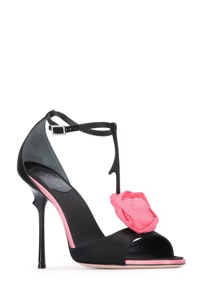 Roger Vivier Rose Vivier Satin T-strap Sandal In Black