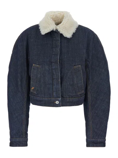 Jacquemus Le Bomber De-nimes Ovalo Blue Jacket With Fur Collar And Two Front Welt Pockets In Denim Woman In Blue