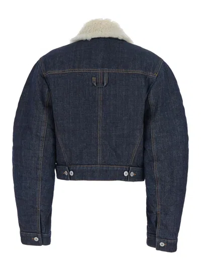 Jacquemus Le Bomber De-nimes Ovalo Blue Jacket With Fur Collar And Two Front Welt Pockets In Denim Woman In Blue