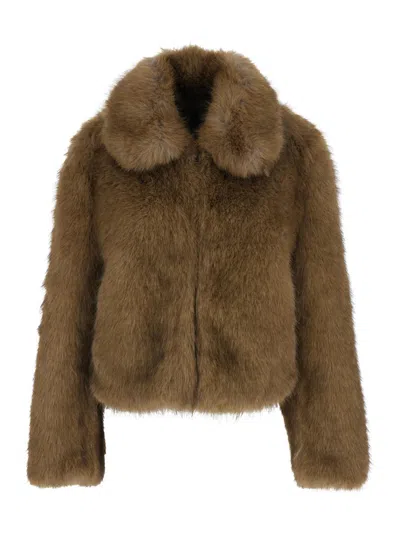 Msgm Beige Fur Jacket With Spread Collar And Front Concealed Closure In Ecofur Woman In Brown