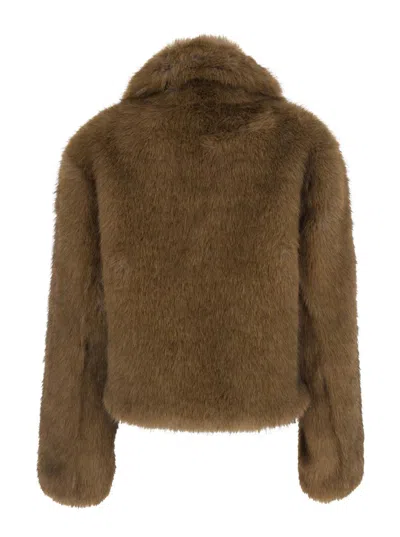 Msgm Beige Fur Jacket With Spread Collar And Front Concealed Closure In Ecofur Woman In Brown