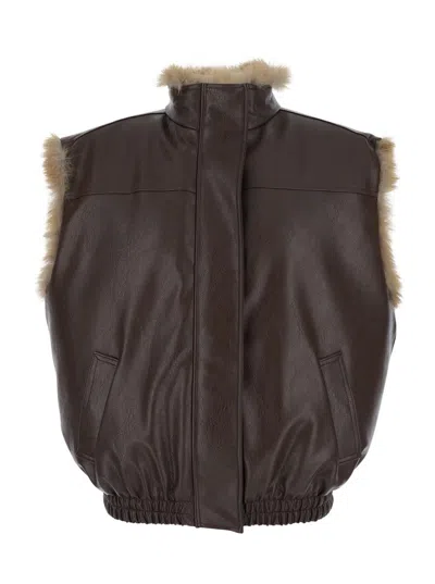 Msgm Reversible Sleeveless Jacket With Logo Patch On The Rear In Ecofur And Ecoleather Woman In Brown