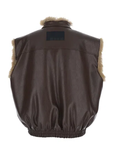Msgm Reversible Sleeveless Jacket With Logo Patch On The Rear In Ecofur And Ecoleather Woman In Brown