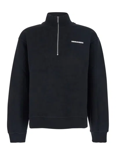 Dsquared2 Men Black High Neck Sweatshirt With Lettering Logo On The Front In Cotton Man In Black