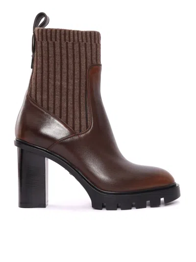 Santoni Pointed Toe Ankle Boots With Sock-like Collar In Brown