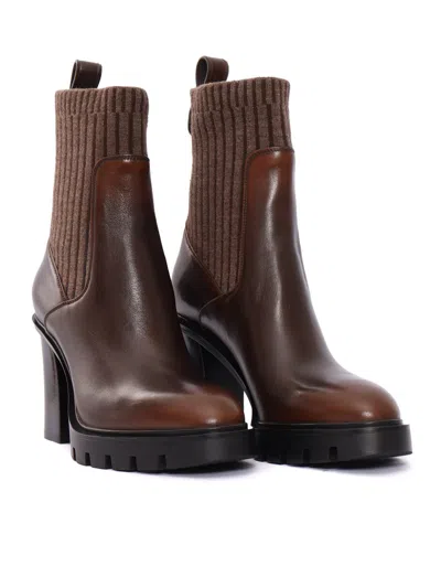 Santoni Pointed Toe Ankle Boots With Sock-like Collar In Brown