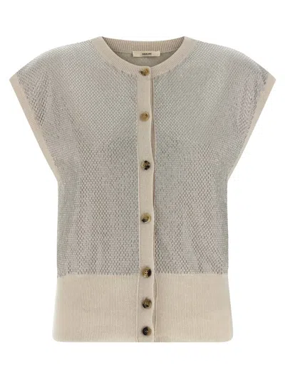 Haikure Cap Sleeve Mesh Vest With Ribbed Hem In Neutral