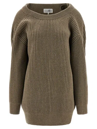 Mm6 Maison Margiela Oversized Wool Blend Sweater With Crew Neck In Green