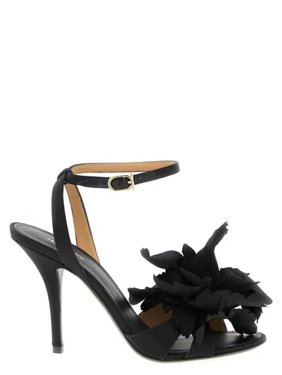 Ferragamo Black Satin Flower Sandals In Black