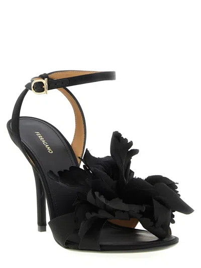 Ferragamo Black Satin Flower Sandals In Black