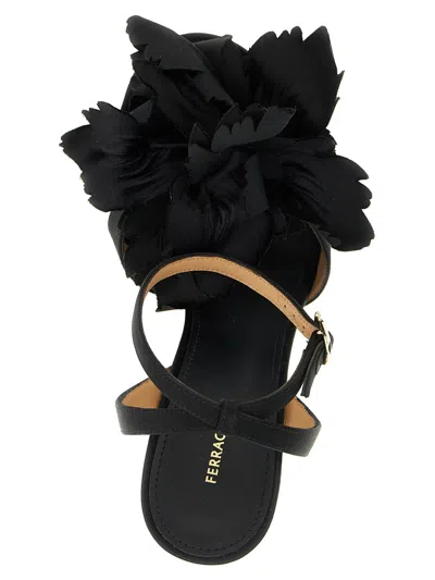 Ferragamo Black Satin Flower Sandals In Black