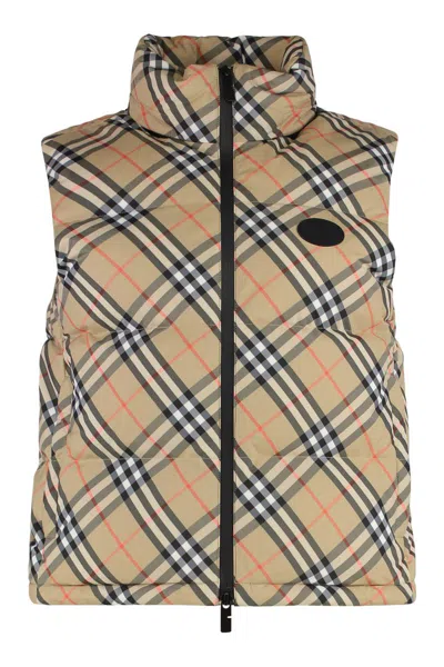 Burberry Sleeveless Down Jacket Featuring Check Pattern In Brown