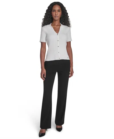 Calvin Klein Petite Collared Short Sleeve Button Detailing Sweater In White