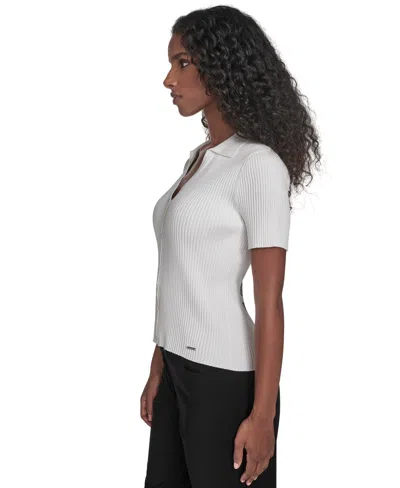 Calvin Klein Petite Collared Short Sleeve Button Detailing Sweater In White
