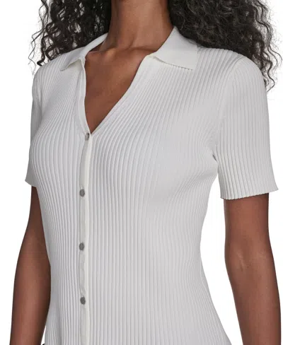 Calvin Klein Petite Collared Short Sleeve Button Detailing Sweater In White
