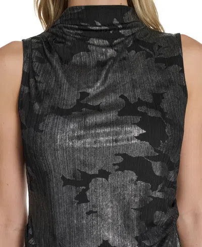 Calvin Klein Petite Novelty Printed Mock Neck Ruched Top In Black