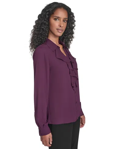 Calvin Klein Petite Solid Long Sleeve Ruffle Front Blouse In Purple