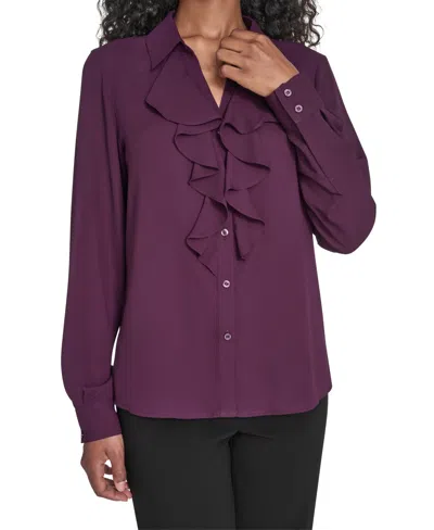 Calvin Klein Petite Solid Long Sleeve Ruffle Front Blouse In Purple