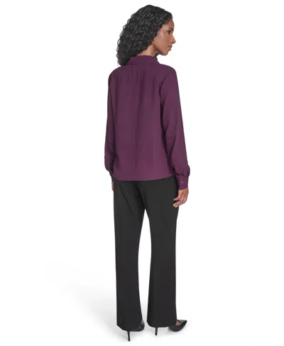 Calvin Klein Petite Solid Long Sleeve Ruffle Front Blouse In Purple