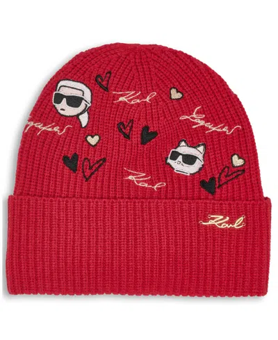 Karl Lagerfeld Women's Embroidered Beanie In Red