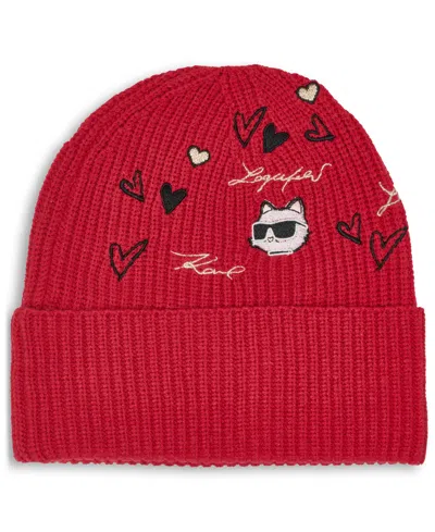 Karl Lagerfeld Women's Embroidered Beanie In Red