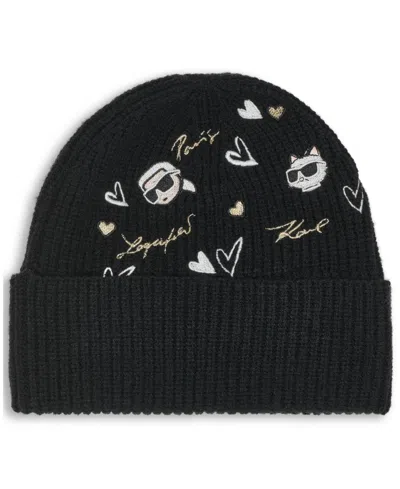 Karl Lagerfeld Women's Embroidered Beanie In Black