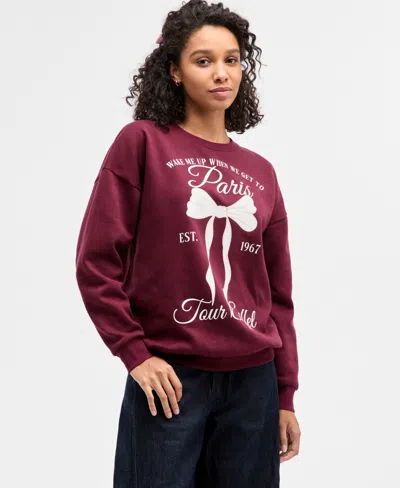 Self Esteem Juniors' Paris Bow Fleece Sweatshirt In Burgundy