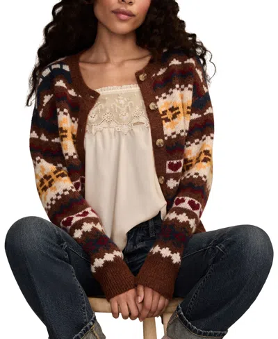 Lucky Brand Women's Fair Isle Crew Neck Cardigan Sweater In Brown