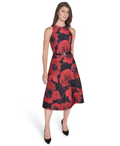 Halston Women's Belted Floral A-line Midi-dress In Red