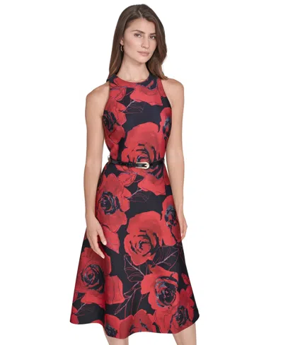 Halston Women's Belted Floral A-line Midi-dress In Red