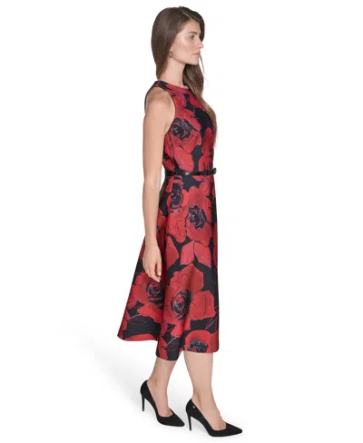 Halston Women's Belted Floral A-line Midi-dress In Red