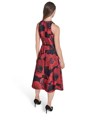 Halston Women's Belted Floral A-line Midi-dress In Red