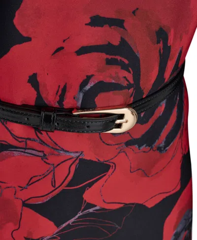 Halston Women's Belted Floral A-line Midi-dress In Red